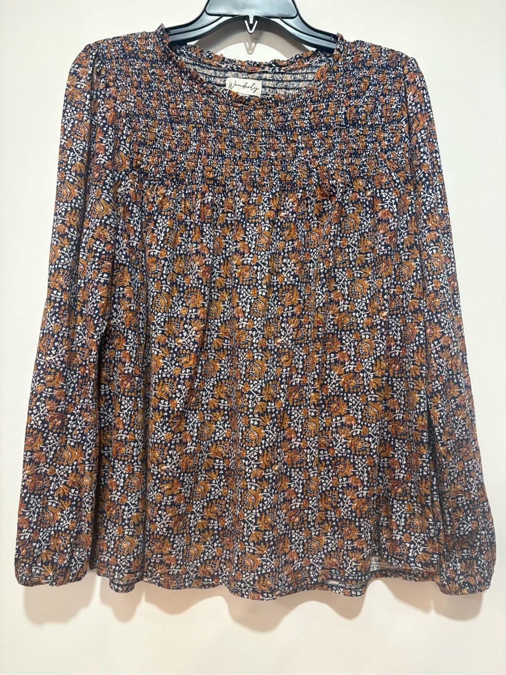 Wonderly Navy and Mustard Smocked Floral Blouse
